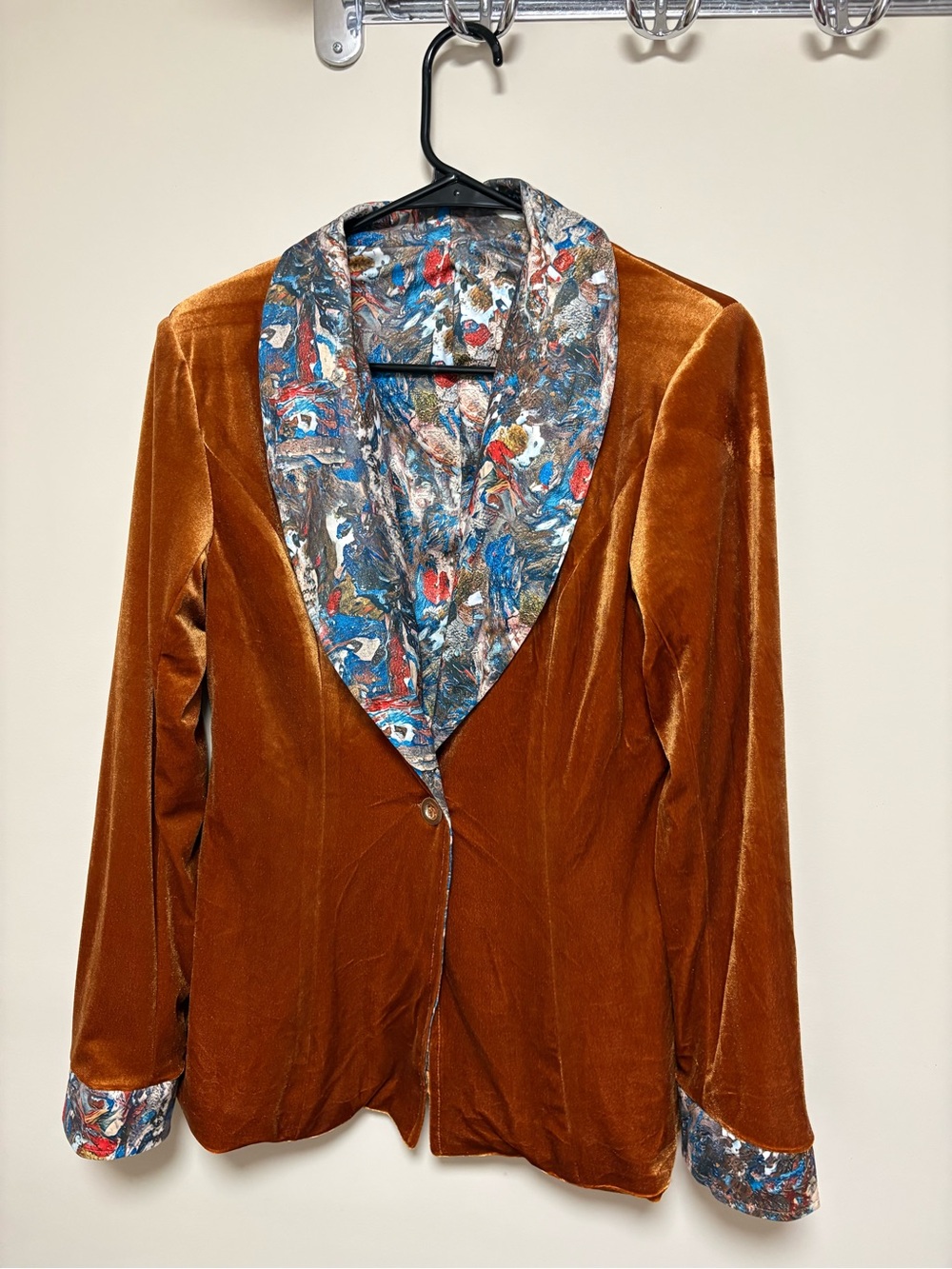 Velvet Single-Button Blazer Jacket in Rust with Printed Trim
